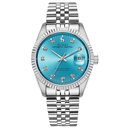 BUREI 38mm Automatik Uhr Herren Luxus Diamant Armbanduhr für Männer Mit Saphirglas Datumskalender (Hellblau Silber) von BUREI