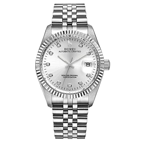 BUREI 38mm Automatik Uhr Herren Luxus Diamant Armbanduhr für Männer Mit Saphirglas Datumskalender (Silber) von BUREI