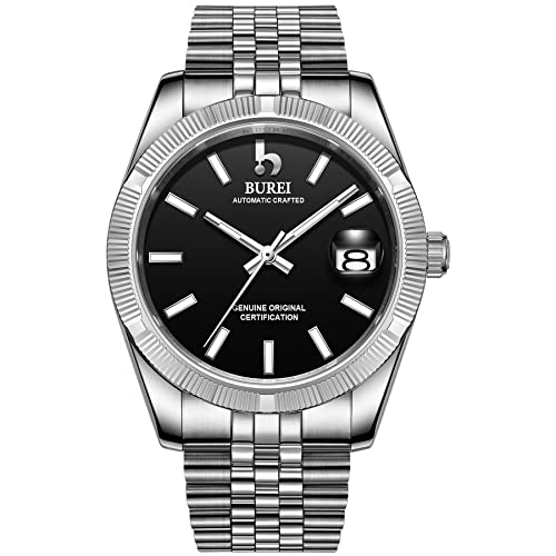 BUREI Herren Uhren Luxury Automatic Watches Schwarzes dial Analoges Kalenderfenster Saphirglas mit Silber Edelstahlband von BUREI