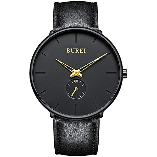 BUREI Herren Uhren Quarz Armbanduhr Schwarz Analoganzeige Schlichtes Design Klassisches weiches Lederband von BUREI