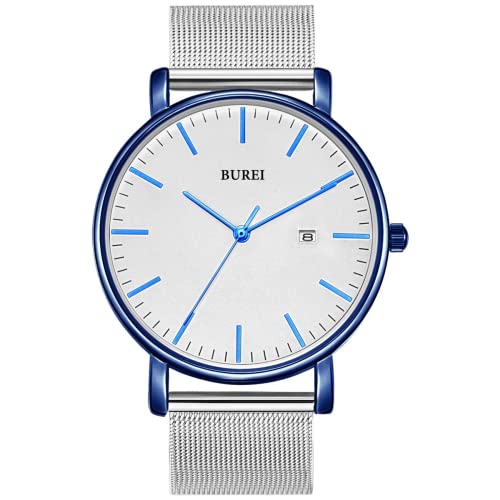 BUREI Uhr Herren Silber Minimalistische Ultra Dünne Quartz Analog Datum Edelstahl Mesh Band 41MM von BUREI