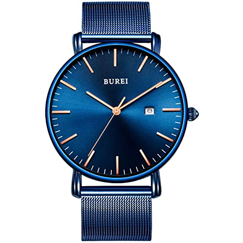 BUREI Uhr Herren Blau Minimalistische Ultra Dünne Quartz Analog Datum Edelstahl Mesh Band 41MM von BUREI