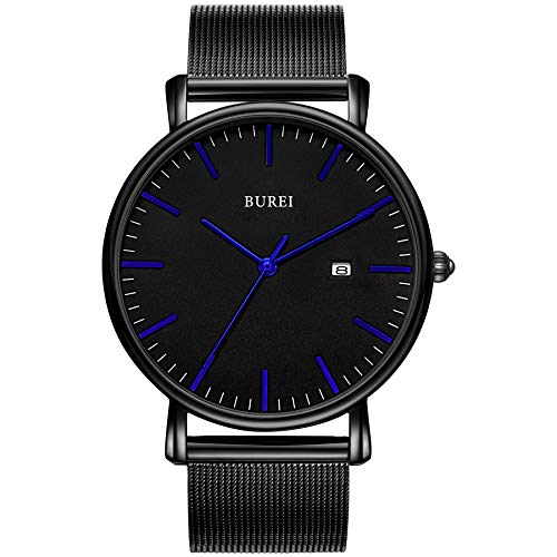 BUREI Herren Uhren Ultra Dünne Schwarze Minimalistische Quartz mit Datumsanzeige von BUREI