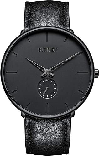 BUREI Herren Uhren Quarz Armbanduhr Schwarz Analoganzeige Schlichtes Design Klassisches weiches Lederband von BUREI