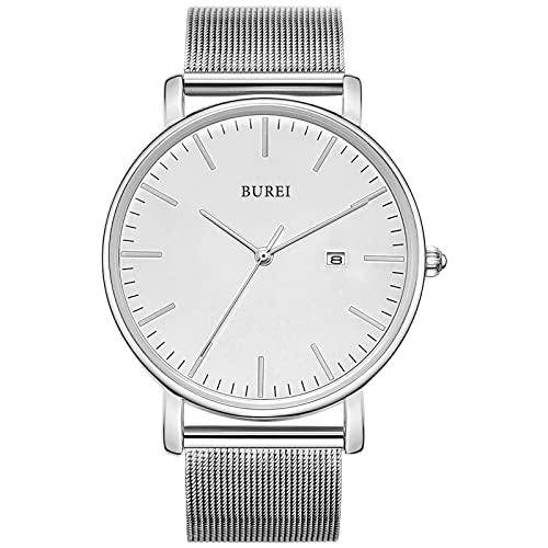 BUREI Uhr Herren Silber Minimalistische Ultra Dünne Quartz Analog Datum Edelstahl Mesh Band 41MM von BUREI