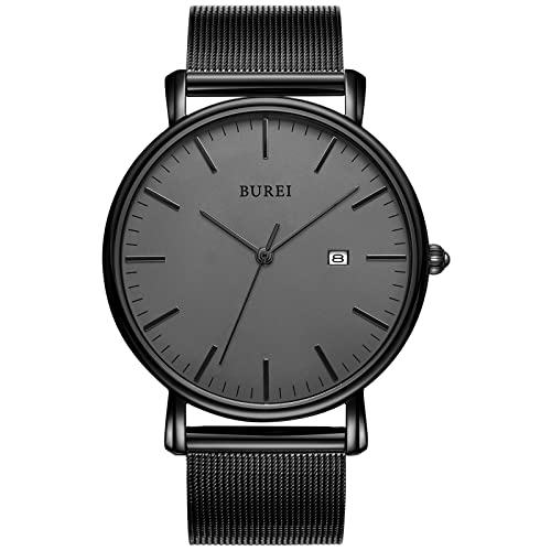 BUREI Herren Uhren Ultra Dünne Schwarze Minimalistische Quartz mit Datumsanzeige (schwarz) von BUREI
