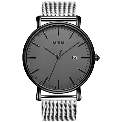 BUREI Uhren Herren Sliber Armbanduhr Herren Klassisch Uhr Herren Minimalistisch Herrenuhr Dünn Mit Datum （Schwarze Grau） von BUREI