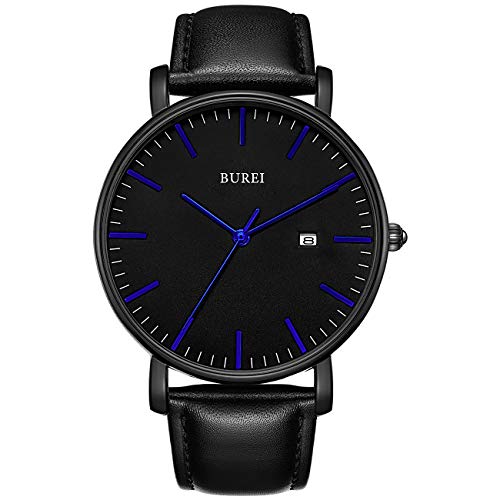 BUREI Herren Uhren Ultra Dünne Schwarze Minimalistische Quartz mit Datumsanzeige (schwarz) von BUREI