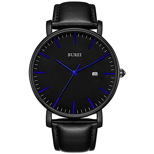 BUREI Herren Uhren Ultradünne Sternenklare Minimalistische Quarzband-Datumsanzeige mit Lederarmband von BUREI