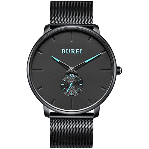 BUREI Herren Uhren ultradünnes schwarzes großes dial Blaue-Zeiger analoger Quarz mit schwarzem Edelstahl Armband von BUREI