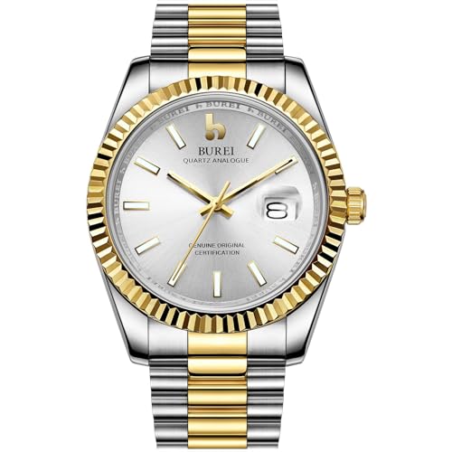 BUREI Luxus Herrenuhr Analog Quarzuhr Datumsanzeige mit Saphirglas Leuchtend und Edelstahlarmband (Silber Gold) von BUREI