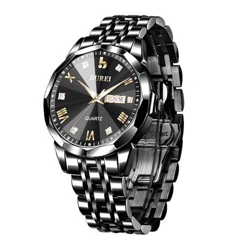 BUREI Herrenuhr Simulation Quarz Band Diamant Edelstahl Uhr Kalender Datum wasserdichte Luxus Business Freizeit Mode Uhr (Schwarz) von BUREI