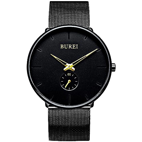 BUREI Herrenuhr Minimalistisch Schlank Schwarzes Zifferblatt Analog Quarz Uhr mit Schwarzem Mesh Armband von BUREI