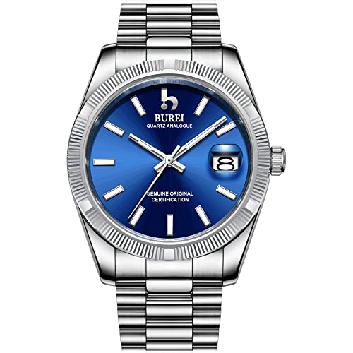 BUREI Herren armbanduhren Quarz Wirst Uhr Blue Analog Dial mit Datumsfenster Saphirglaslinse Silber Edelstahlgehäuse und -Band von BUREI