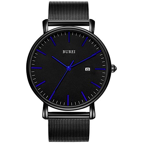 BUREI Minimalist Herrenuhr Classy Date Gents Armbanduhr mit einfachem Band, einfach, großes Zifferblatt aus Edelstahl von BUREI