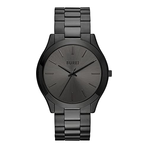 BUREI Herren Uhren Schwarze Minimalistische Quartz Armbanduhr für Männer 44mm große Kleideruhr mit Edelstahlband von BUREI