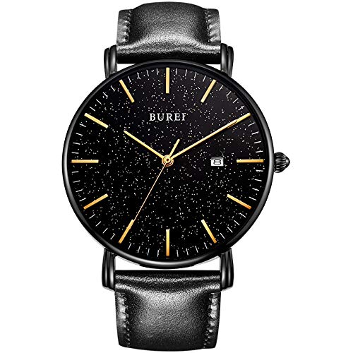 BUREI Stilvolle Minimalistische Ultra Slim Herren Uhr Schwarz Datum Golden-Zeiger Großes Gesicht Armbanduhr mit Schwarz leaderband von BUREI