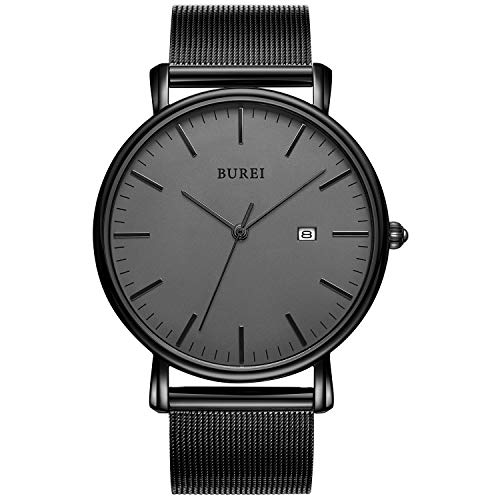 BUREI Klassische Herren-Armbanduhr Minimalistische Ultra Slim Schwarz Datum Großes Gesicht Armbanduhr mit Dunkelgrau-dial mit Schwarz Edelstahlband von BUREI