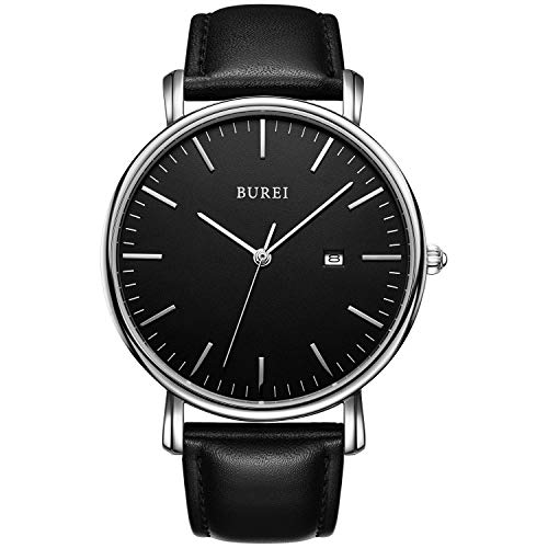 BUREI Stilvolle Minimalistische Ultra Slim Herren Uhr schwarz Datum Großes Gesicht Armbanduhr mit Schwarz Armband von BUREI