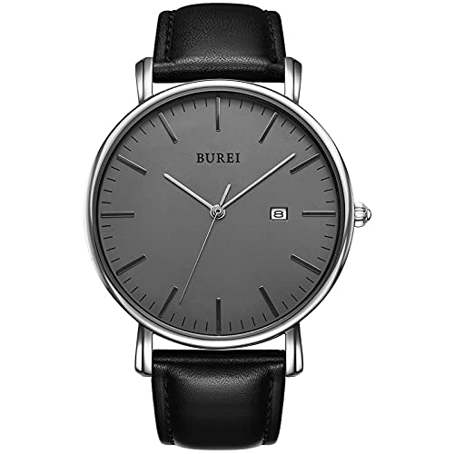 BUREI Stilvolle Minimalistische Ultra Slim Herren Uhr Grau Datum Großes Gesicht Armbanduhr mit Schwarz Armband von BUREI