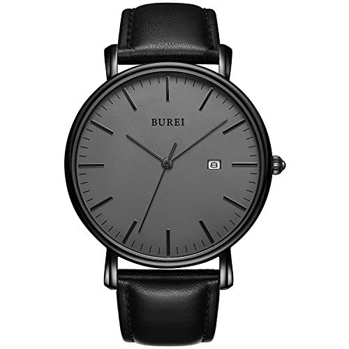 BUREI Stilvolle Minimalistische Ultra Slim Herren Uhr Schwarz Datum Großes Gesicht Armbanduhr mit Schwarz Armband von BUREI