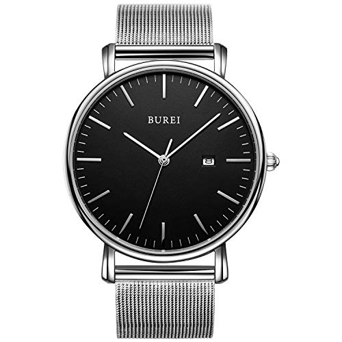 BUREI Stilvolle Minimalistische Ultra Slim Herren Uhr Schwarz Datum Großes Gesicht Armbanduhr mit Silber Armband von BUREI