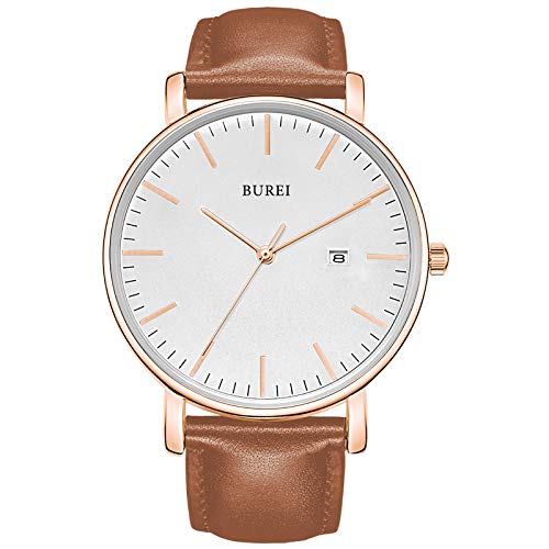 BUREI Herrenuhr, Minimalistisch Analog Quarz Uhr Wasserdicht Ultradünne Herrenuhr Lederarmbanduhr, Männergeschenk. von BUREI