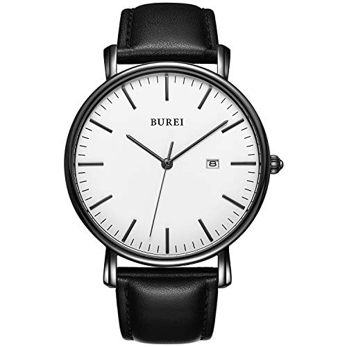 BUREI Stilvolle Minimalistische Ultra Slim Herren Uhr Weiß Datum Großes Gesicht Armbanduhr mit Schwarz Armband von BUREI