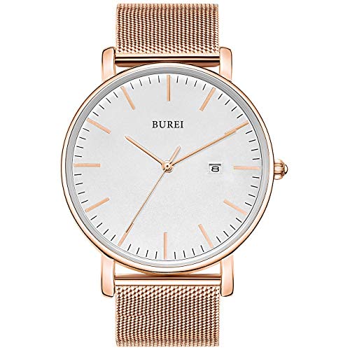 BUREI Stilvolle Minimalistische Ultra Slim Herren Uhr Weiß Datum Großes Gesicht Armbanduhr mit Rosa Armband von BUREI