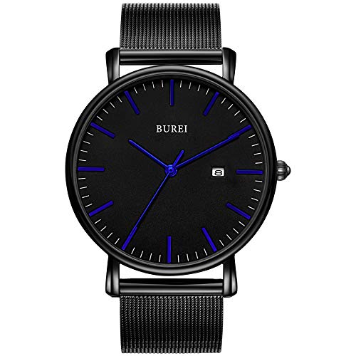 BUREI Stylish Minimalist Ultra Slim Herrenuhr Schwarzes dial Blaue Zeiger Kalenderanzeige mit Schwarz Armband von BUREI