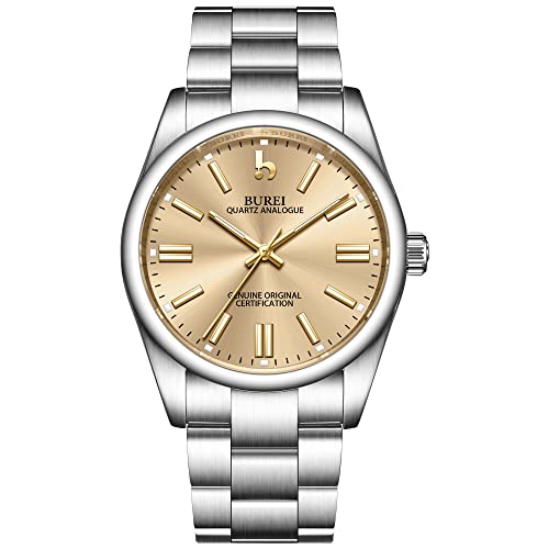 BUREI Armbanduhr Luxus Silber Uhren Herren Analog Quarz mit Edelstahlarmband Mode Designer Business Uhr für Herren 42MM Champagner Dial von BUREI