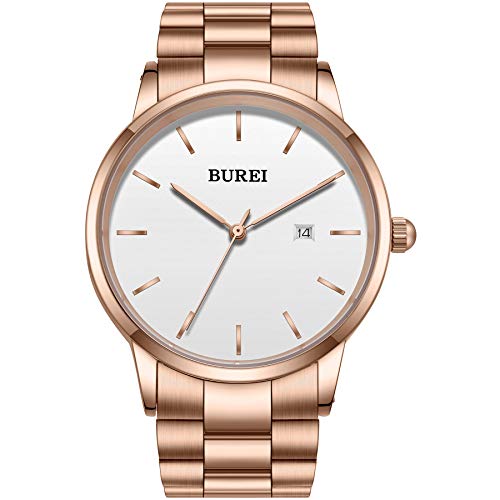 BUREI Uhren Quarz Herren Armbanduhren Minimalistische Uhr Herren Analog Wasserdicht Armbanduhr mit Edelstahlband (Roségold Weißes) von BUREI