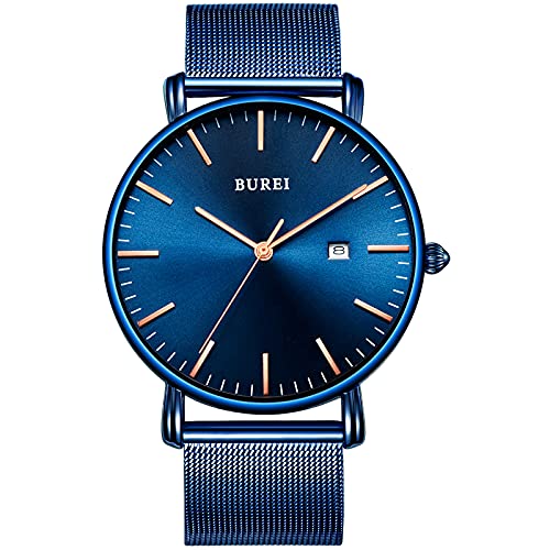 BUREI Minimalist Herrenuhr Classy Date Gents Armbanduhr mit einfachem Band, einfach, großes Zifferblatt aus Edelstahl von BUREI