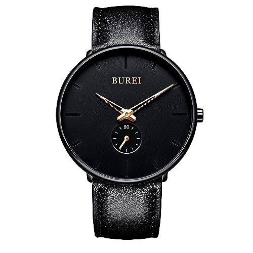 BUREI Herrenuhr Minimalistisch Schlank Schwarzes Zifferblatt Analog Quarz Uhr mit Schwarzem Mesh Armband von BUREI