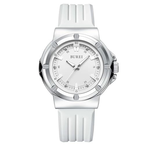 BUREI wasserdichte Analog Unisex Armbanduhr Weiß Japanische Quarzuhr für Frauen und Männer mit leicht zu lesendem Zeitzifferblatt und atmungsaktivem Silikonband von BUREI