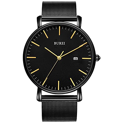 BUREI Minimalistische Herren-Armbanduhr, analog, Datumsanzeige, mit Edelstahl-Mesh-Band, Gold Dunkelschwarz von BUREI