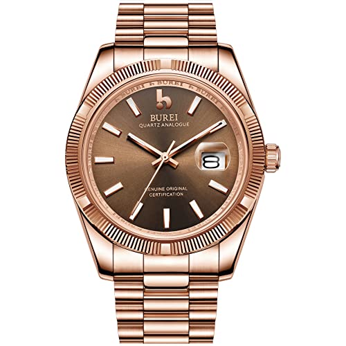 BUREI männer Uhren Luxus analog Quarz Armbanduhr Rosegold dial datumsanzeige saphirglas objektiv mit Rose Gold Edelstahl Band von BUREI