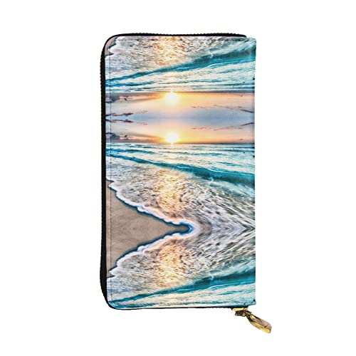 BURGHR Afrika Giraffe Majestic Tree Printed Leather Zip Around Continental Wallet, Clutch Wallet Credit Card Holder, Strand Sonnenuntergang Ozean Wellen, Einheitsgröße, Modern von BURGHR