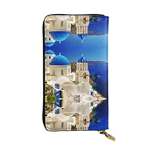 BURGHR Blaue Libelle gedruckt Leder Reißverschluss um Continental Brieftasche, Clutch-Brieftasche Kreditkartenetui, Santorini Griechische Insel Meerblick, Einheitsgröße, Modern von BURGHR