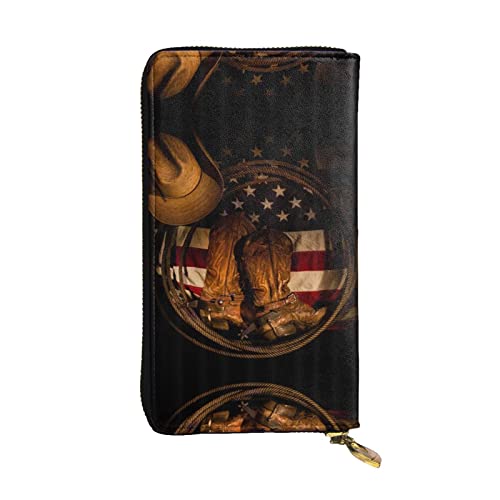 BURGHR Old Viking Boat Printed Leather Zip Around Continental Wallet, Clutch Wallet Credit Card Holder, Amerikanische Flagge mit Cowboystiefeln, One Size, Modern von BURGHR