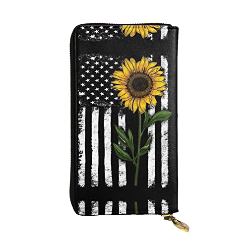 BURGHR Rotweinglas Cheers bedrucktes Leder Reißverschluss um Continental Brieftasche, Clutch-Geldbörse, Kreditkartenetui, Sonnenblume und amerikanische Flagge, Einheitsgröße, Modern von BURGHR