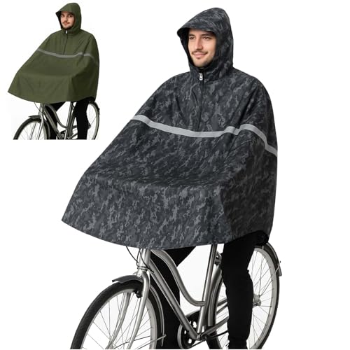 BURI Fahrrad Regencape Camouflage Unisex – wasserdichtes Poncho mit Kapuze & Fronttasche – über Rucksack tragbar, leicht (285 g), atmungsaktiv – Gürteltasche, One Size, 100% Polyester von BURI