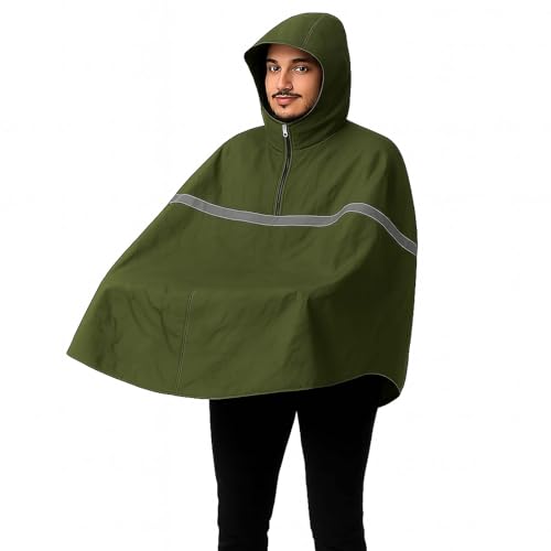 BURI Fahrrad Regencape Olivgrün Unisex – wasserdichtes Poncho mit Kapuze & Fronttasche – über Rucksack tragbar, leicht (285 g), atmungsaktiv – Gürteltasche, One Size, 100% Polyester von BURI