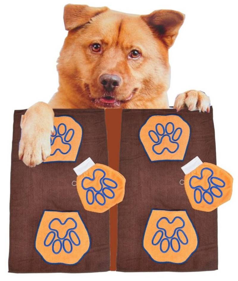 BURI Putzhandschuh 2x Hundepflegeset aus Microfaser mit Hundehandtuch + Waschhandschuh wa von BURI