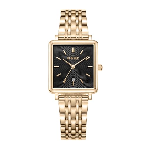 BURKER Armbanduhr Daisy Gold Schwarz - Damen Uhr Liebes Geschenk für Sie - Analog Quarz Armbanduhr Quadratisch Wasserdicht 3 ATM - 28 mm von BURKER