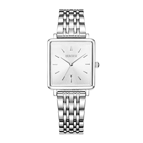 BURKER Armbanduhr Daisy Silber - Damen Uhr Liebes Geschenk für Sie - Analog Quarz Armbanduhr Quadratisch Wasserdicht 3 ATM - 28 mm von BURKER