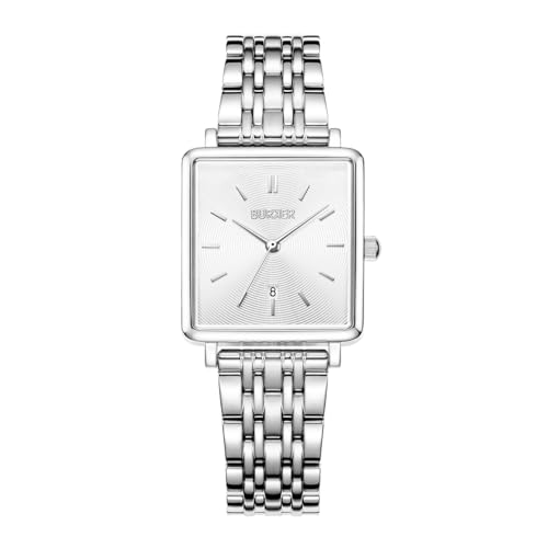 BURKER Damenuhr Daisy, Quadratische Damen Armbanduhr Gliederarmband Edelstahl Analog Quarz 3-ATM Wasserdicht - 28 mm - Silber von BURKER