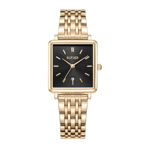 BURKER Damenuhr Daisy, Quadratische Damen Armbanduhr Gliederarmband Edelstahl Analog Quarz 3-ATM Wasserdicht - 28 mm - Gold Schwarz von BURKER