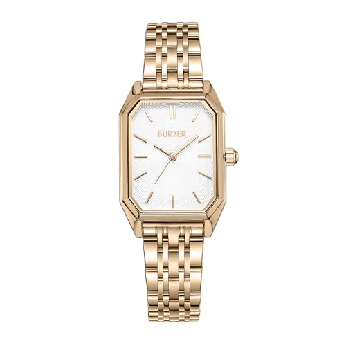 BURKER Damen Uhr Isabell Gold - Rechteckiger Armbanduhr Analog Quarz Armbanduhr Wasserdicht 3 ATM Edelstahl - 28 mm von BURKER