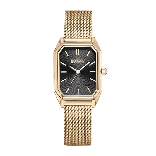 BURKER Damenuhr Isabell, Rechteckiger Damen Armbanduhr Milanaise-Armband Edelstahl Analog Quarz 3-ATM Wasserdicht - 36 mm - Gold Schwarz von BURKER